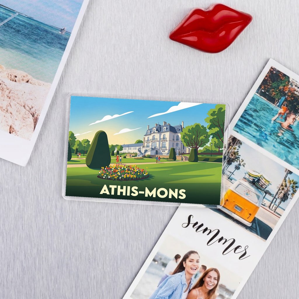 Magnet souvenir de la ville d'Athis-Mons avec une illustration stylisée de son château et de ses jardins.