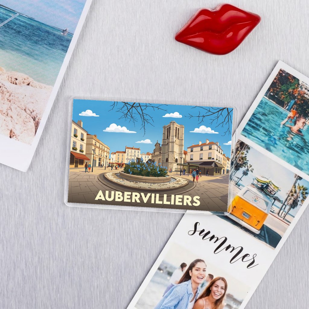 Magnet souvenir de la ville d'Aubervilliers avec une illustration stylisée.
