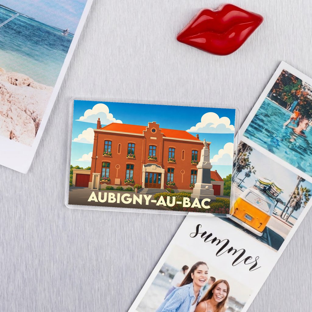 Magnet souvenir de la ville d'Aubigny-au-Bac avec une illustration stylisée de sa mairie.