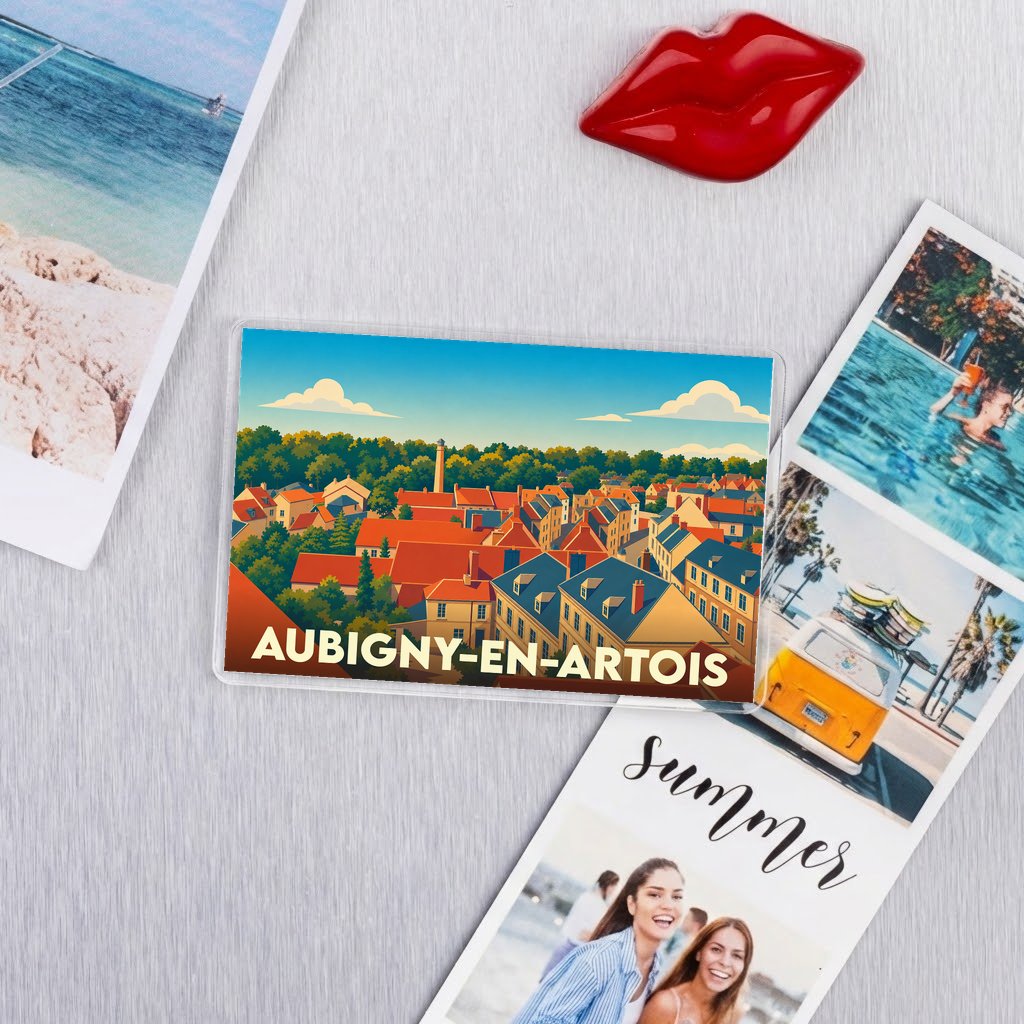 Magnet souvenir de la ville de Aubigny-en-Artois avec une illustration stylisée.
