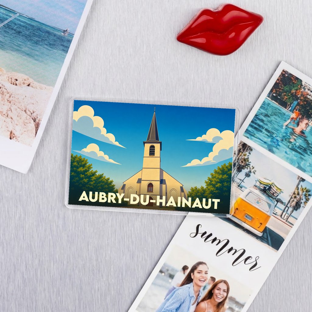 Magnet souvenir de la ville d'Aubry-du-Hainaut avec une illustration stylisée de son église.