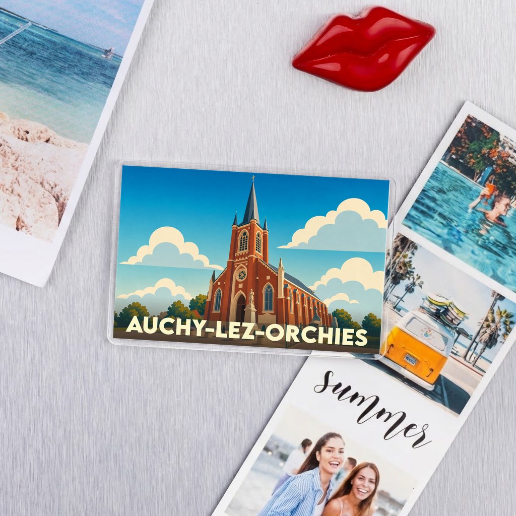 Magnet souvenir de la ville d'Auchy-lez-Orchies avec une illustration stylisée de son église sous un ciel nuageux.