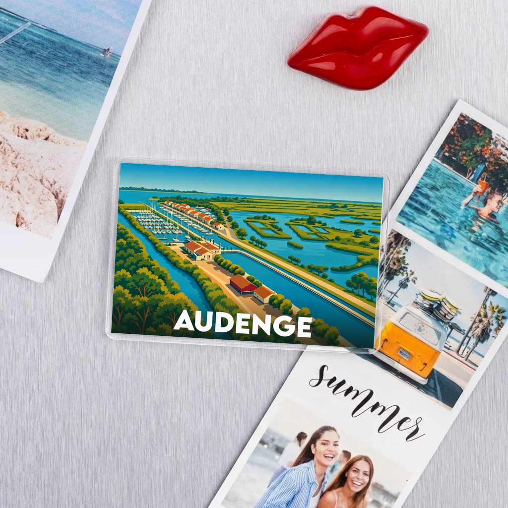 Magnet souvenir de la ville d'Audenge avec une illustration stylisée d'un port vue du ciel.