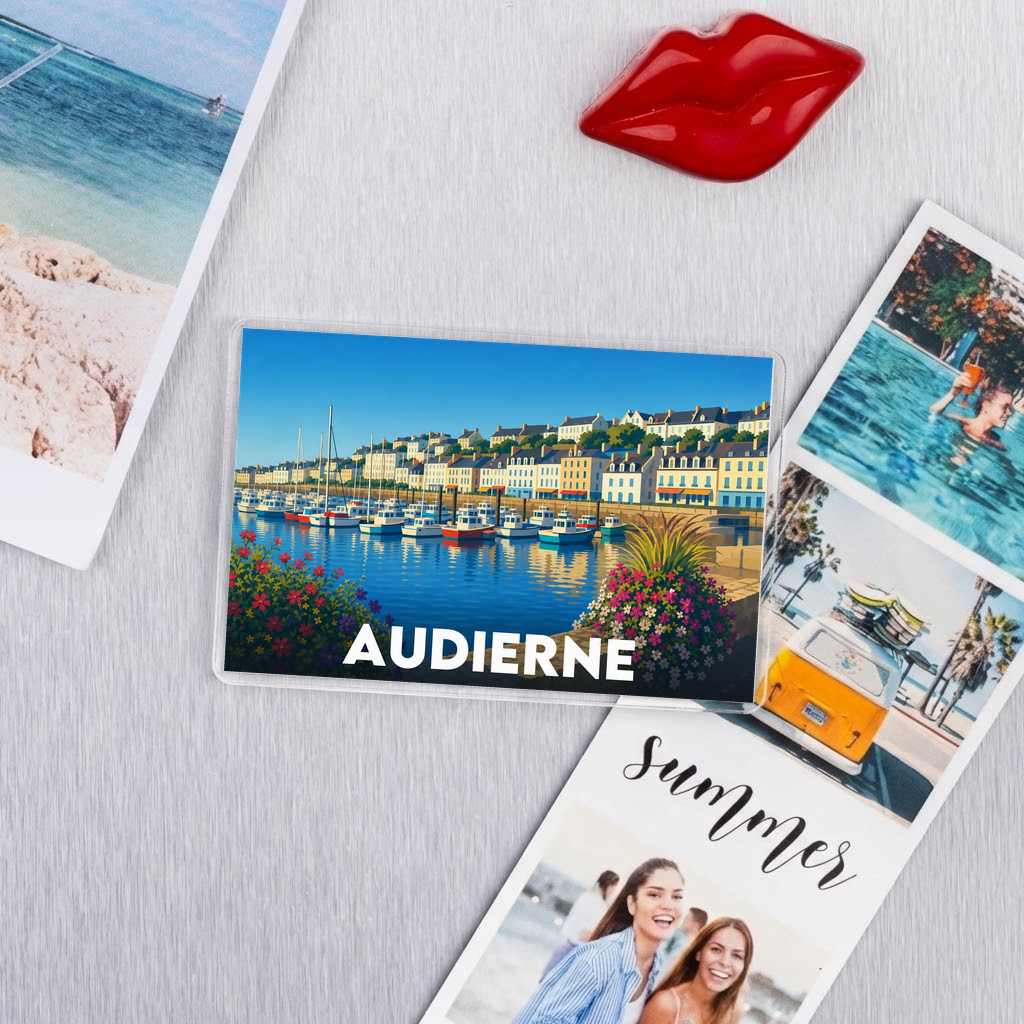 Magnet souvenir de la ville d'Audierne avec une illustration stylisée.