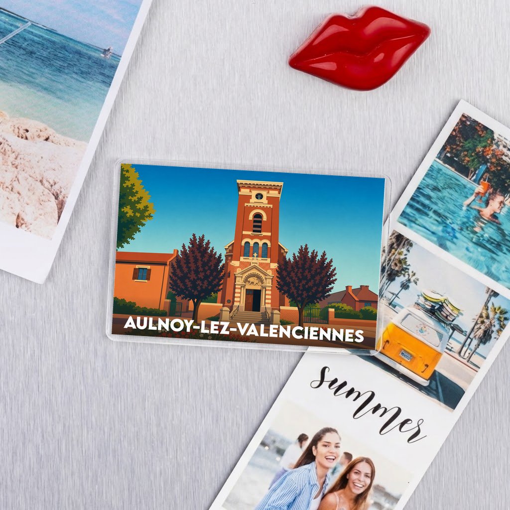 Magnet souvenir de la ville d'Aulnoy-lez-Valenciennes avec une illustration stylisée de son église.
