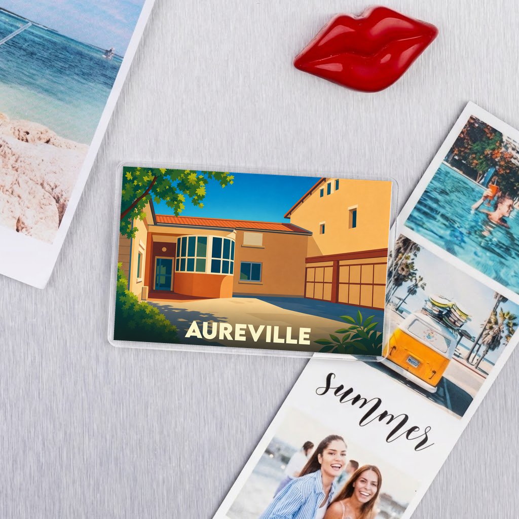 Magnet souvenir de la ville d'Aureville avec une illustration stylisée.