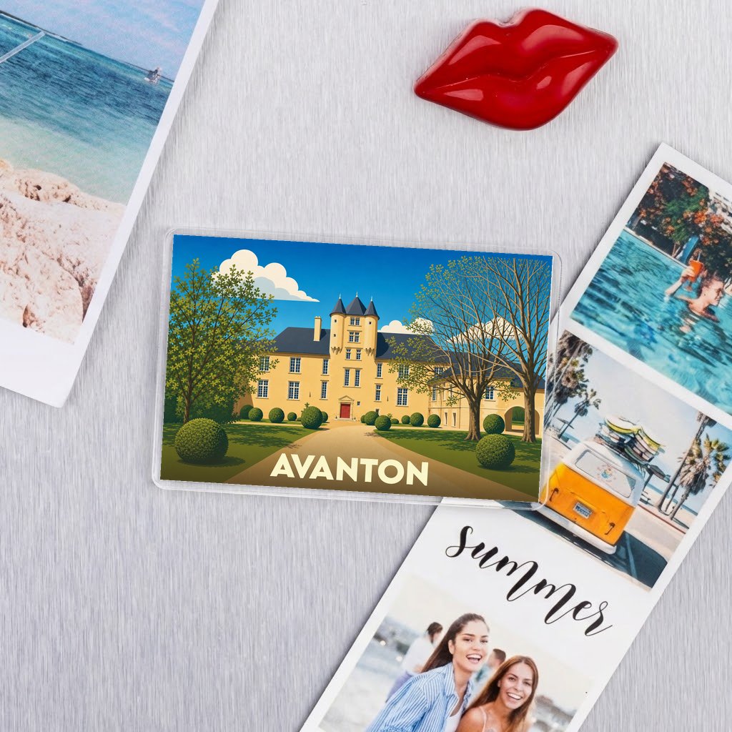 Magnet souvenir de la ville d'Avanton avec une illustration stylisée de son château.