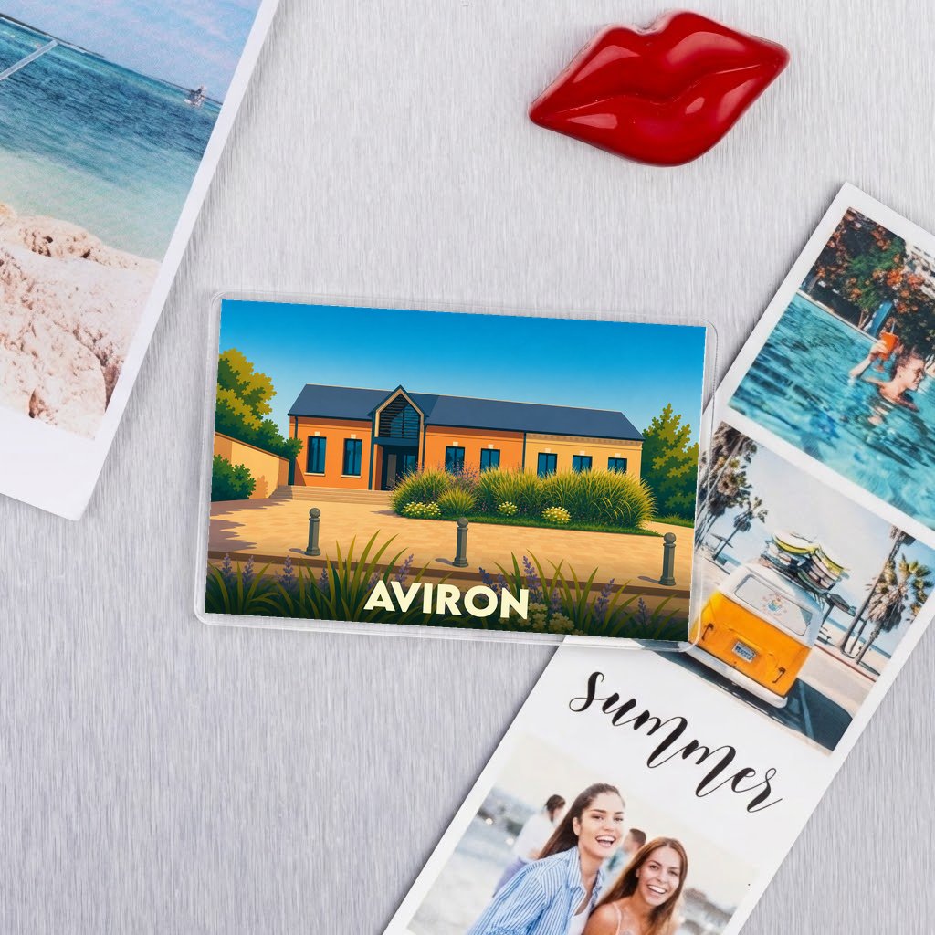 Magnet souvenir de la ville d'Aviron avec une illustration stylisée.