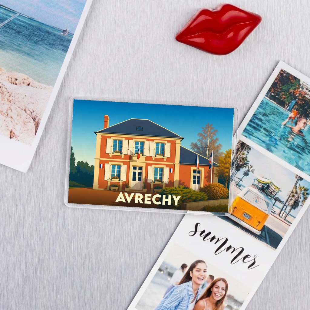 Magnet souvenir de la ville d'Avrechy avec une illustration stylisée d'un bâtiment traditionnel.