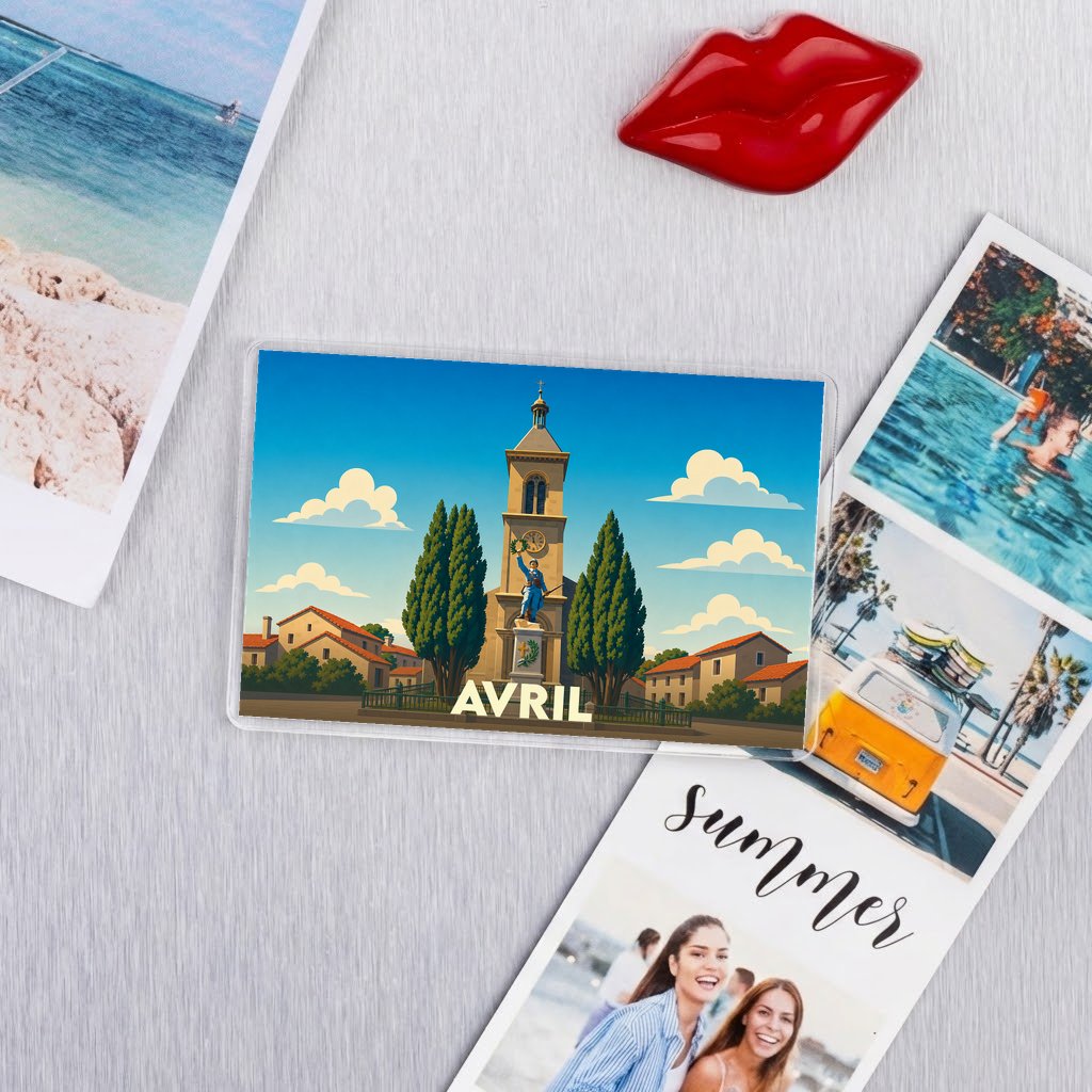 Magnet souvenir de la ville d'Avril avec une illustration stylisée.