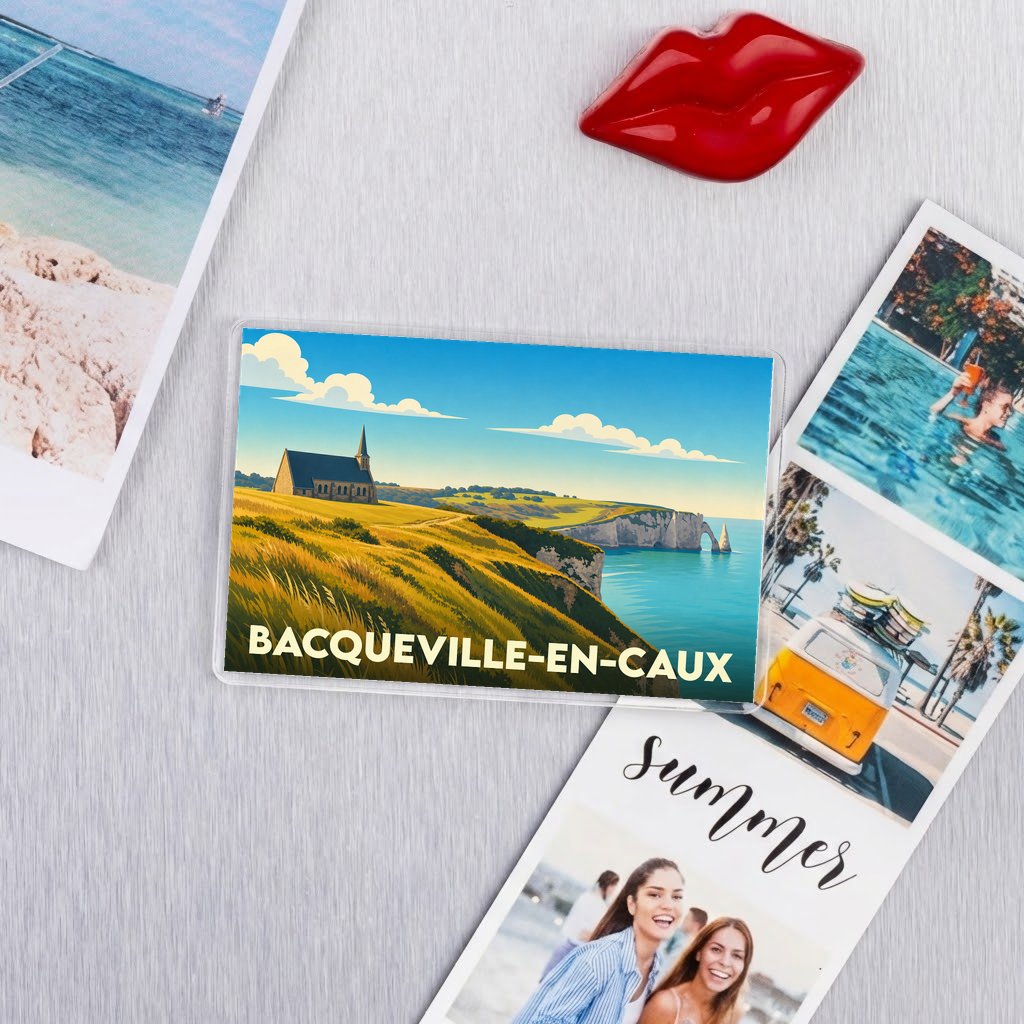 Magnet souvenir de la ville de Bacqueville-en-Caux avec une illustration stylisée du littoral normand.
