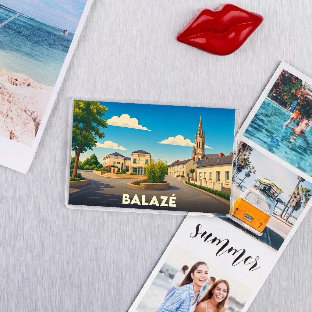 Magnet souvenir de la ville de Balazé avec une illustration stylisée.