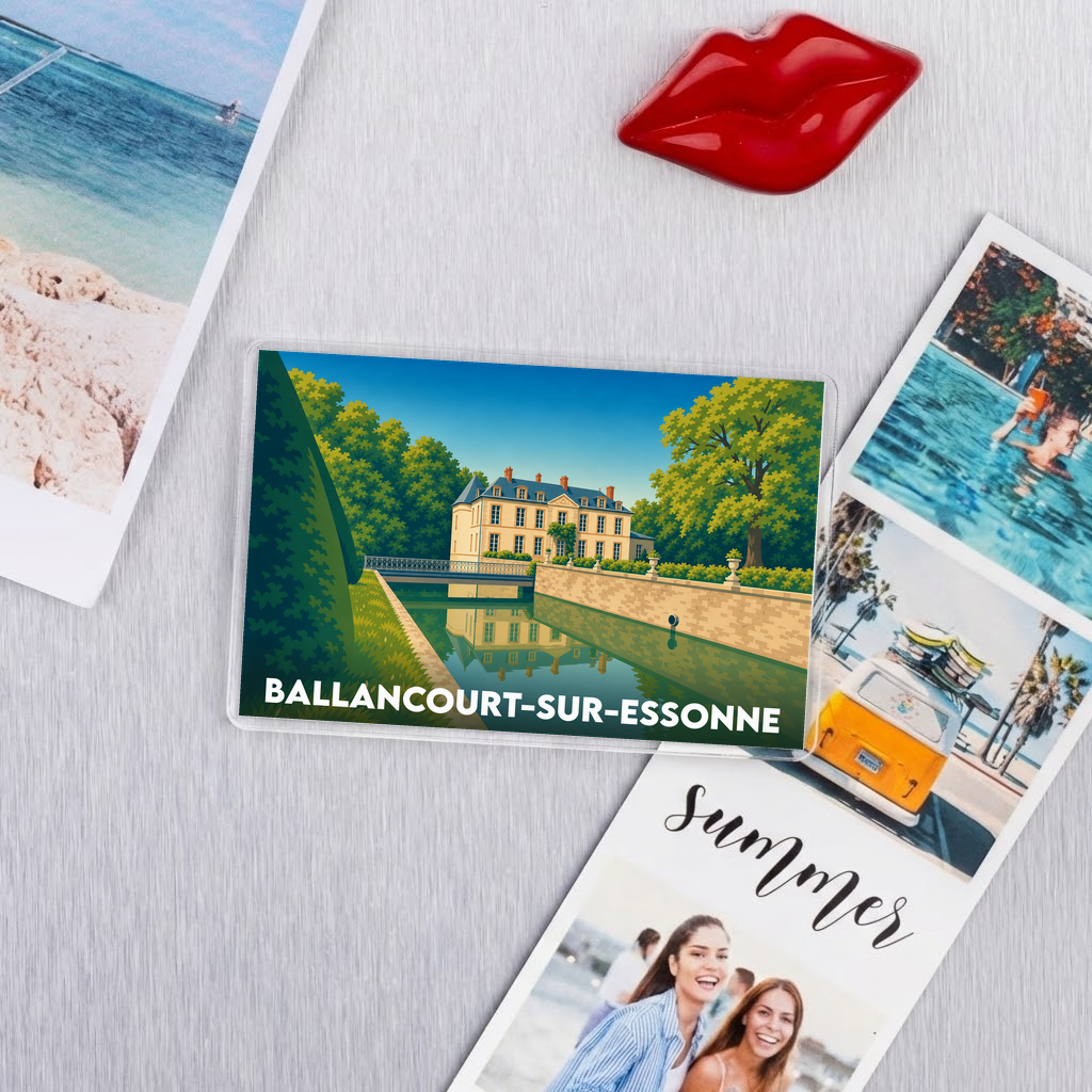 Magnet souvenir de la ville de Ballancourt-sur-Essonne avec une illustration stylisée d'un château.