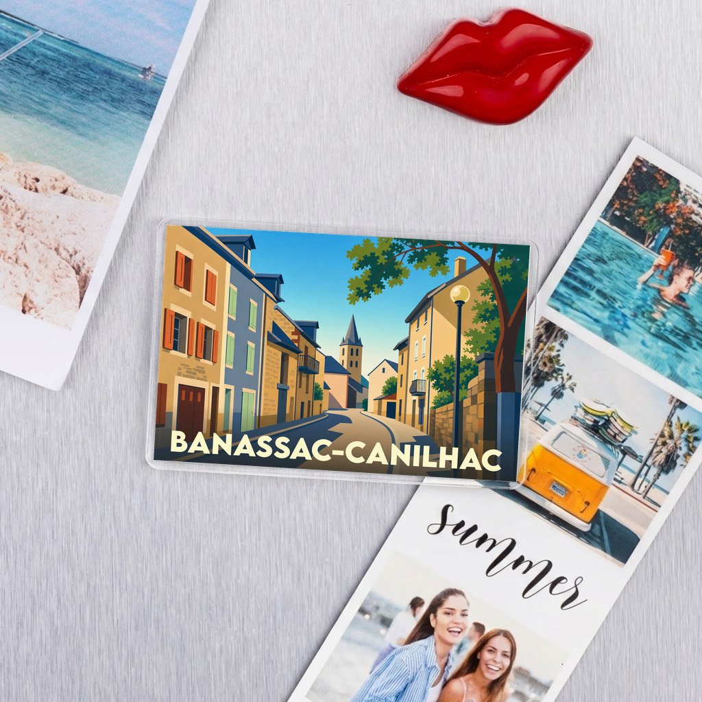 Magnet souvenir de la ville de Banassac-Canilhac avec une illustration stylisée.