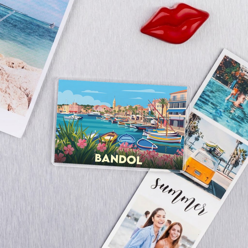 Magnet souvenir de la ville de Bandol avec une illustration stylisée de son port.