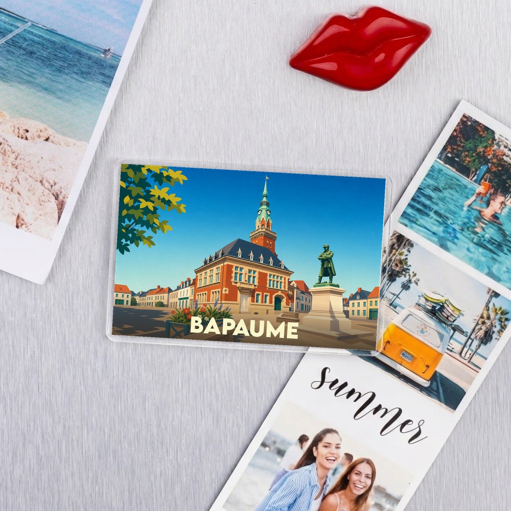 Magnet souvenir de la ville de Bapaume avec une illustration stylisée de l'hôtel de ville.