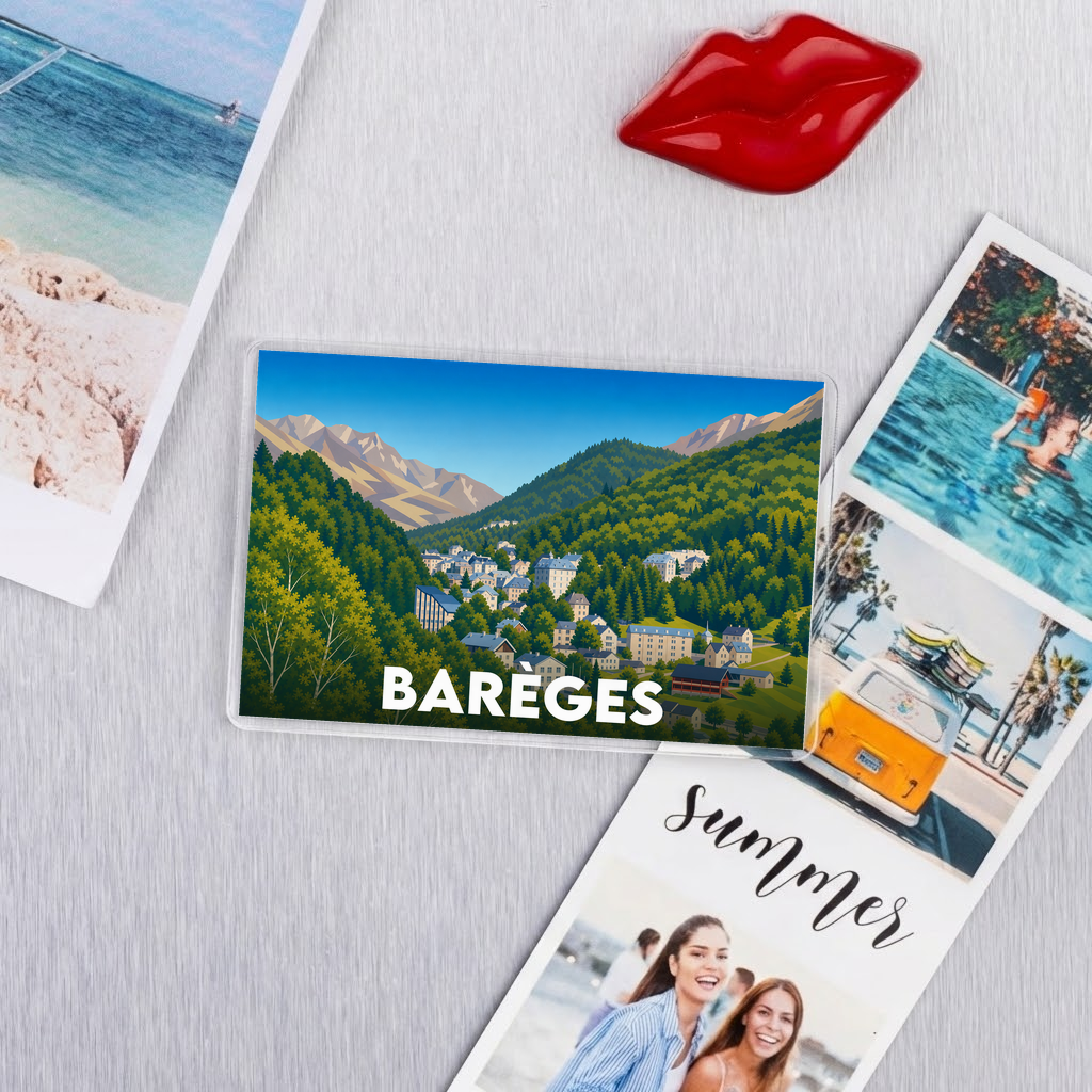 Magnet souvenir de la ville de Barèges avec une illustration stylisée de ses paysages montagneux.