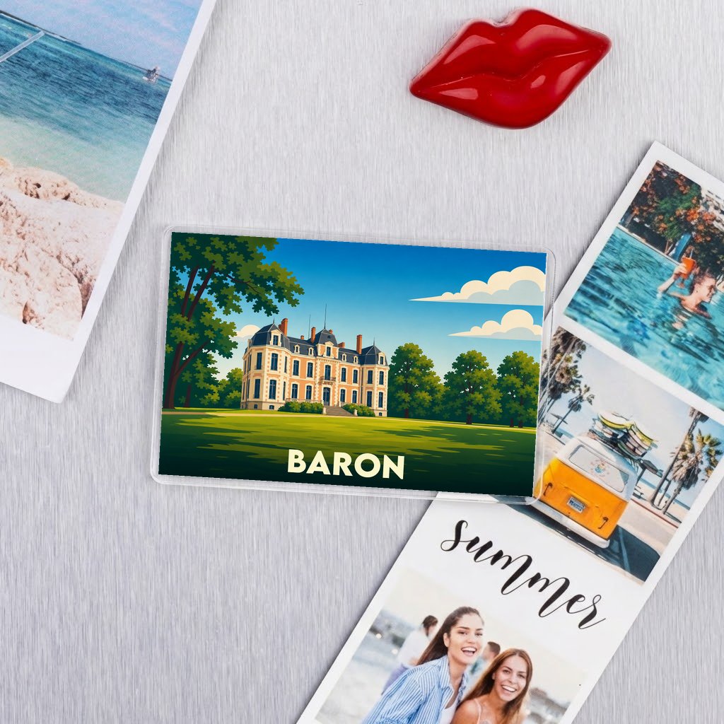 Magnet souvenir de la ville de Baron avec une illustration stylisée d'un château.