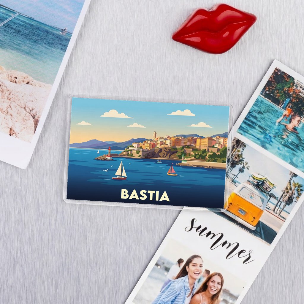 Magnet souvenir de la ville de Bastia avec une illustration stylisée.