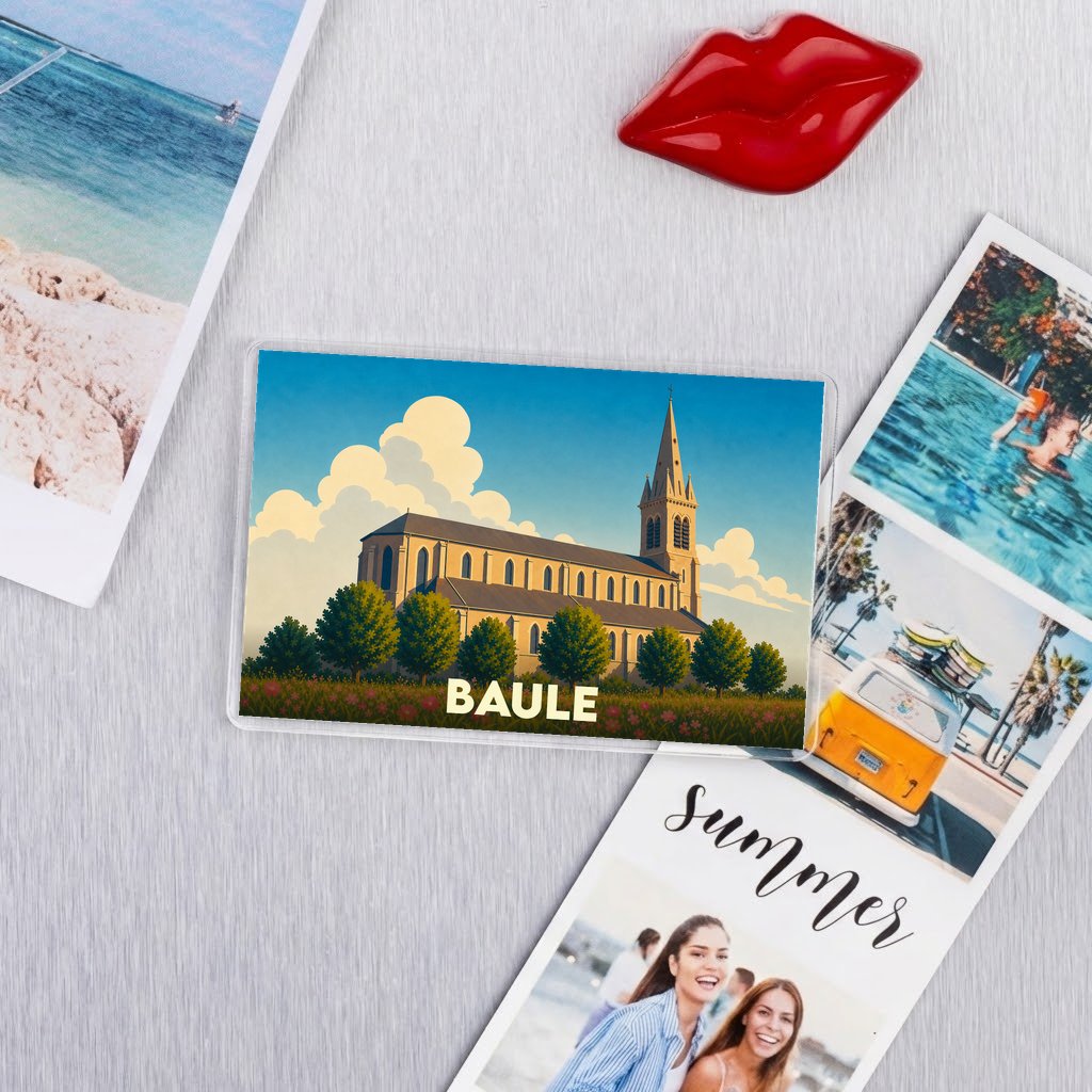 Magnet souvenir de la ville de Baule avec une illustration stylisée de son église.