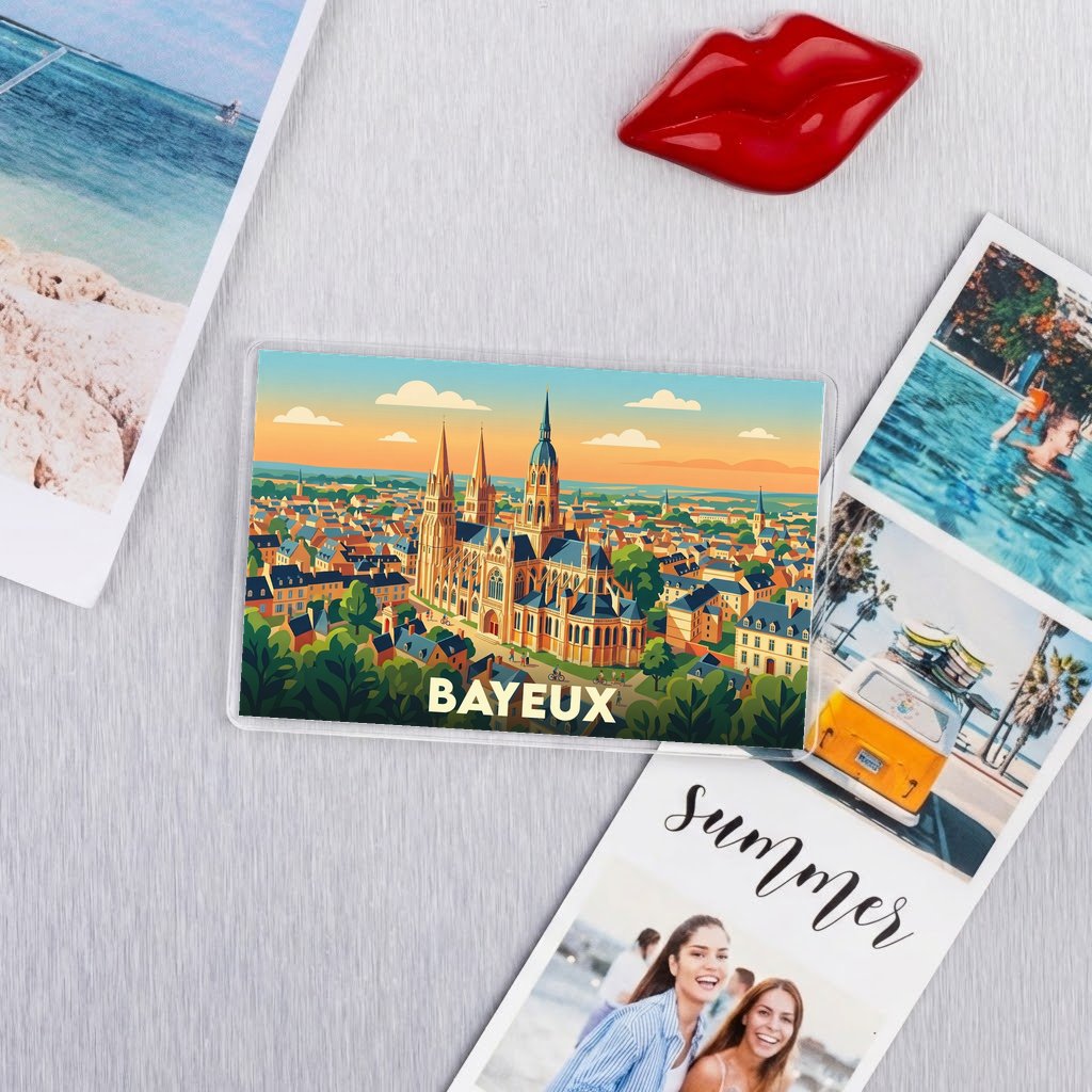 Magnet souvenir de la ville de Bayeux avec une illustration stylisée de sa cathédrale.