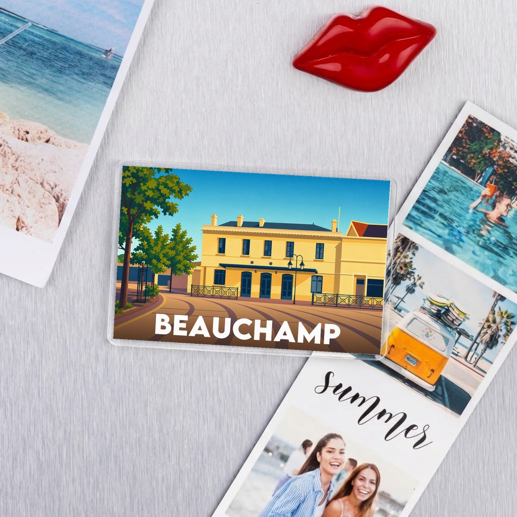 Magnet souvenir de la ville de Beauchamp avec une illustration stylisée d'un bâtiment jaune.