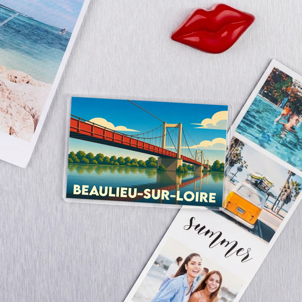 Magnet souvenir de la ville de Beaulieu-sur-Loire avec une illustration stylisée de son pont suspendu.