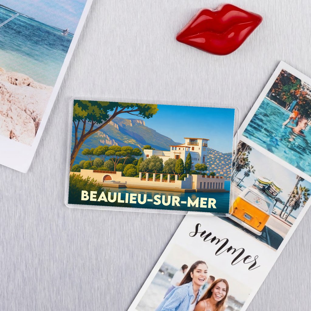 Magnet souvenir de la ville de Beaulieu-sur-Mer avec une illustration stylisée de la Villa Kérylos en bord de mer.