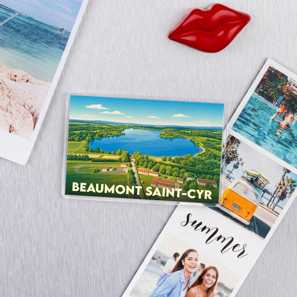 Magnet souvenir de la ville de Beaumont Saint-Cyr avec une illustration stylisée d'un lac.