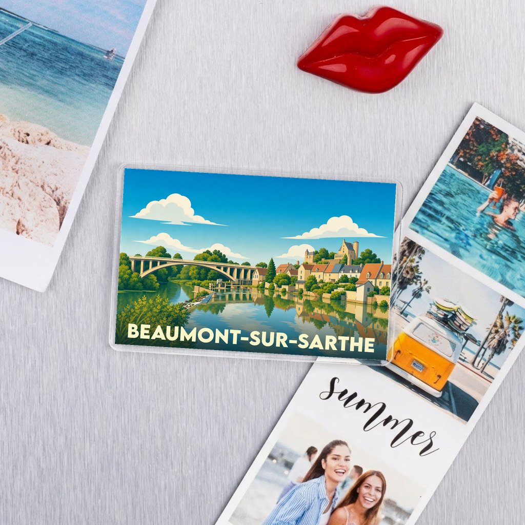 Magnet rectangulaire souvenir de Beaumont-sur-Sarthe avec une illustration stylisée de son pont et de ses maisons au bord de l'eau.