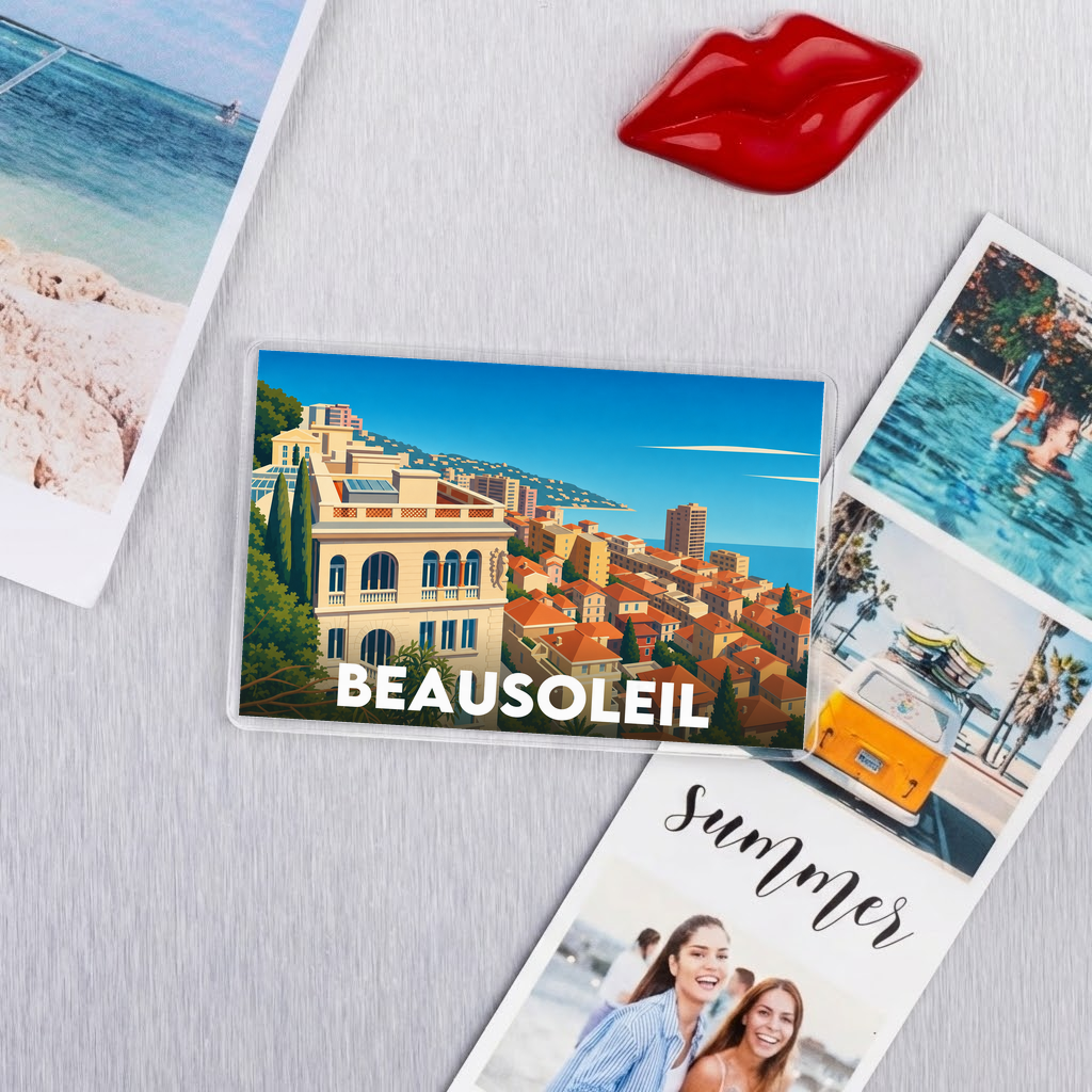 Magnet souvenir de la ville de Beausoleil avec une illustration stylisée de son architecture colorée.