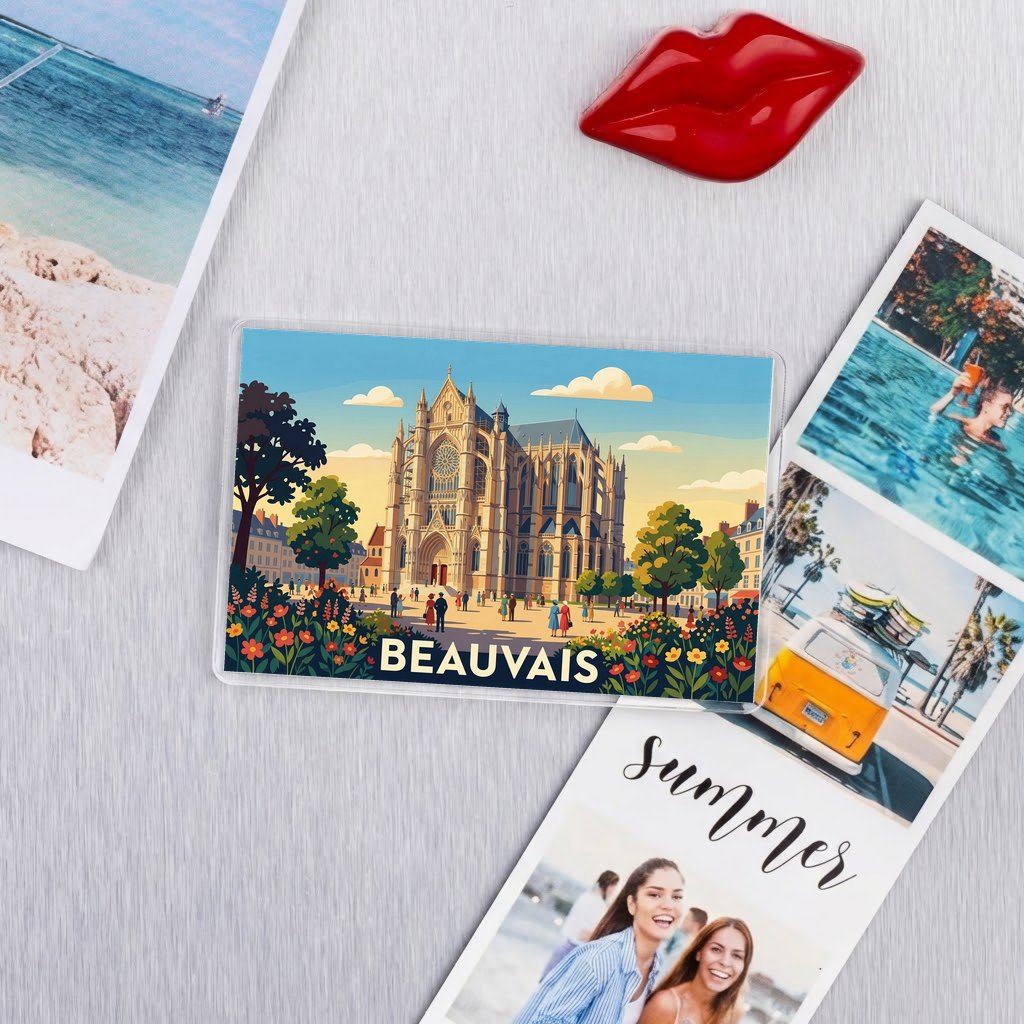 Magnet souvenir de la ville de Beauvais avec une illustration stylisée de sa cathédrale.
