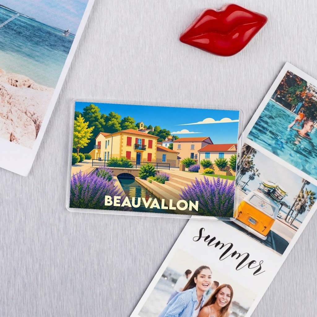 Magnet souvenir de la ville de Beauvallon avec une illustration stylisée et colorée.