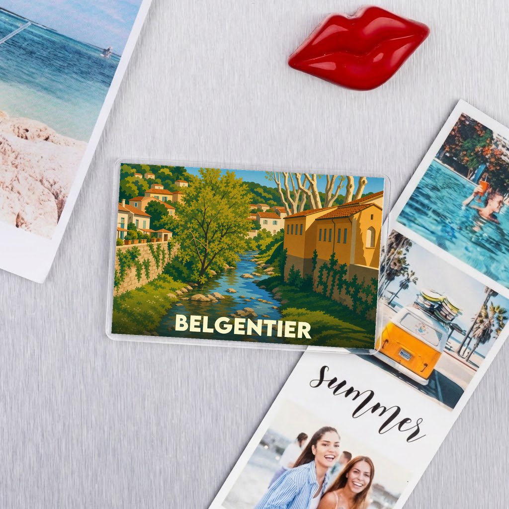Magnet souvenir de la ville de Belgentier avec une illustration stylisée.