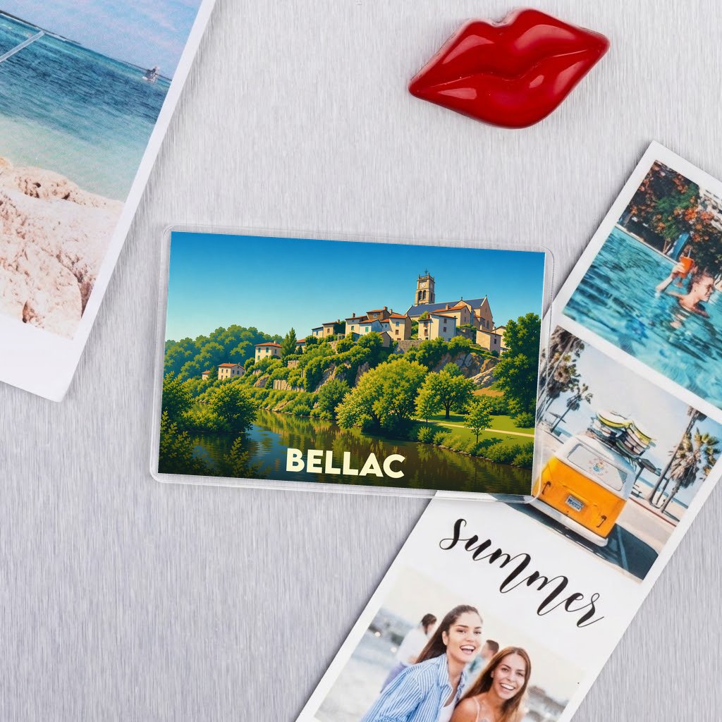 Magnet souvenir de la ville de Bellac avec une illustration paysagère stylisée.
