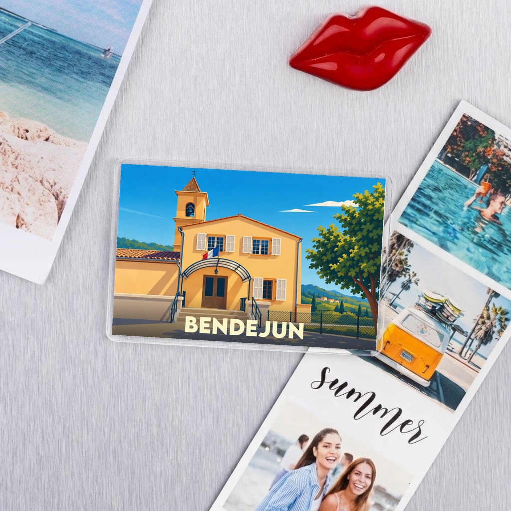 Magnet souvenir de la ville de Bendejun avec une illustration stylisée.