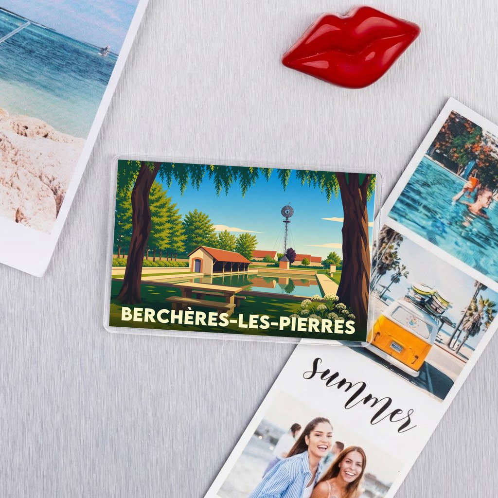 Magnet souvenir de la ville de Berchères-les-Pierres avec une illustration stylisée.