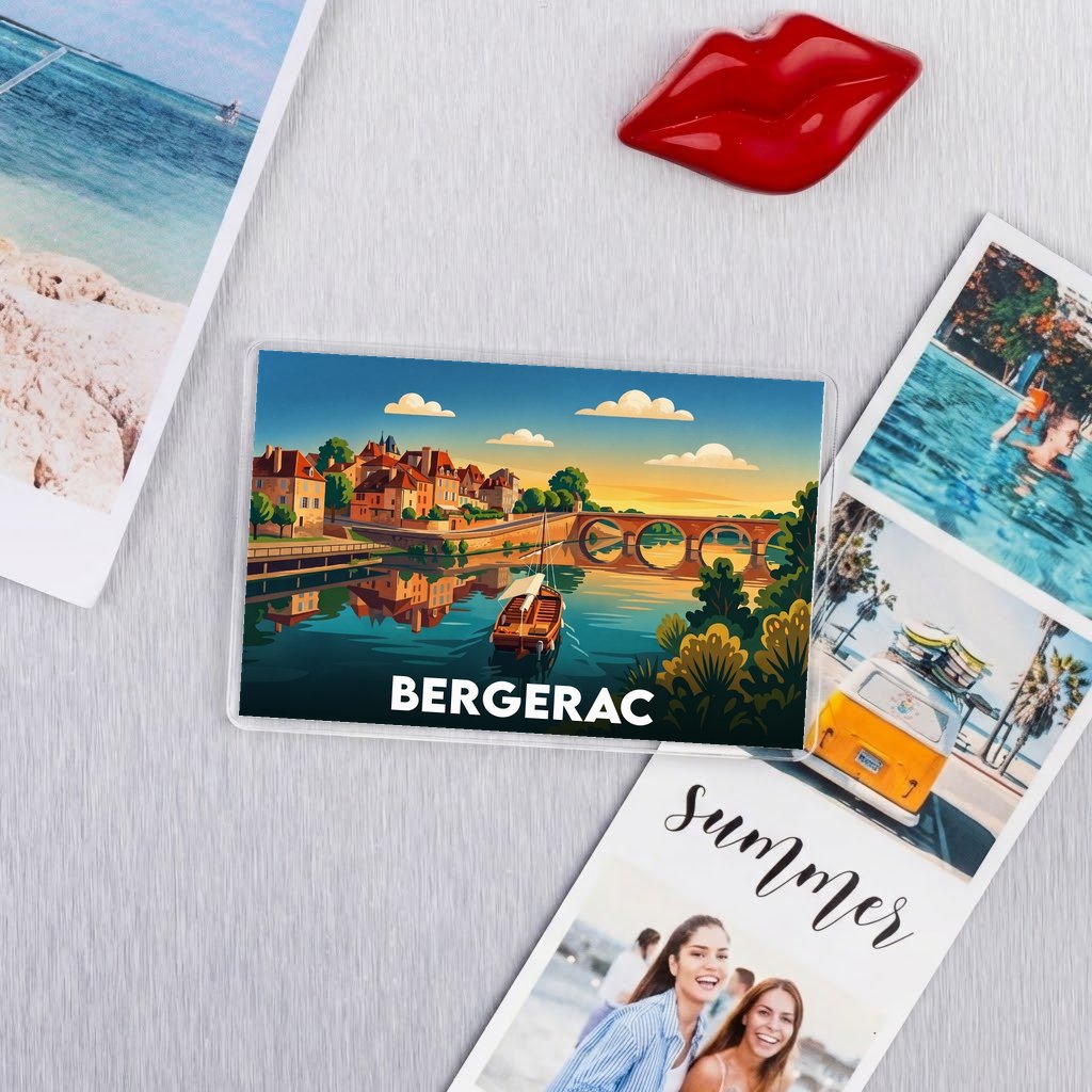 Magnet souvenir de la ville de Bergerac avec une illustration stylisée de ses quais et de son pont.