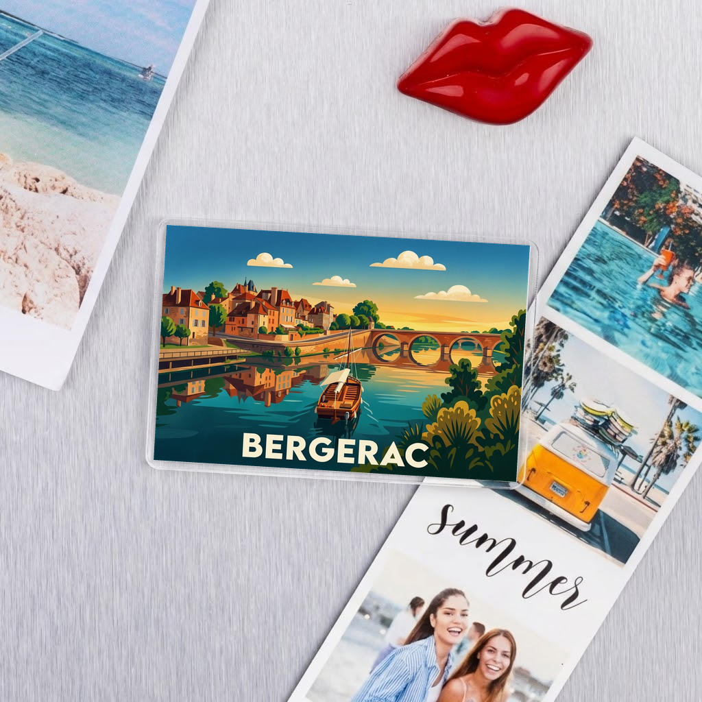 Magnet souvenir de la ville de Bergerac avec une illustration stylisée de ses quais et de son pont.