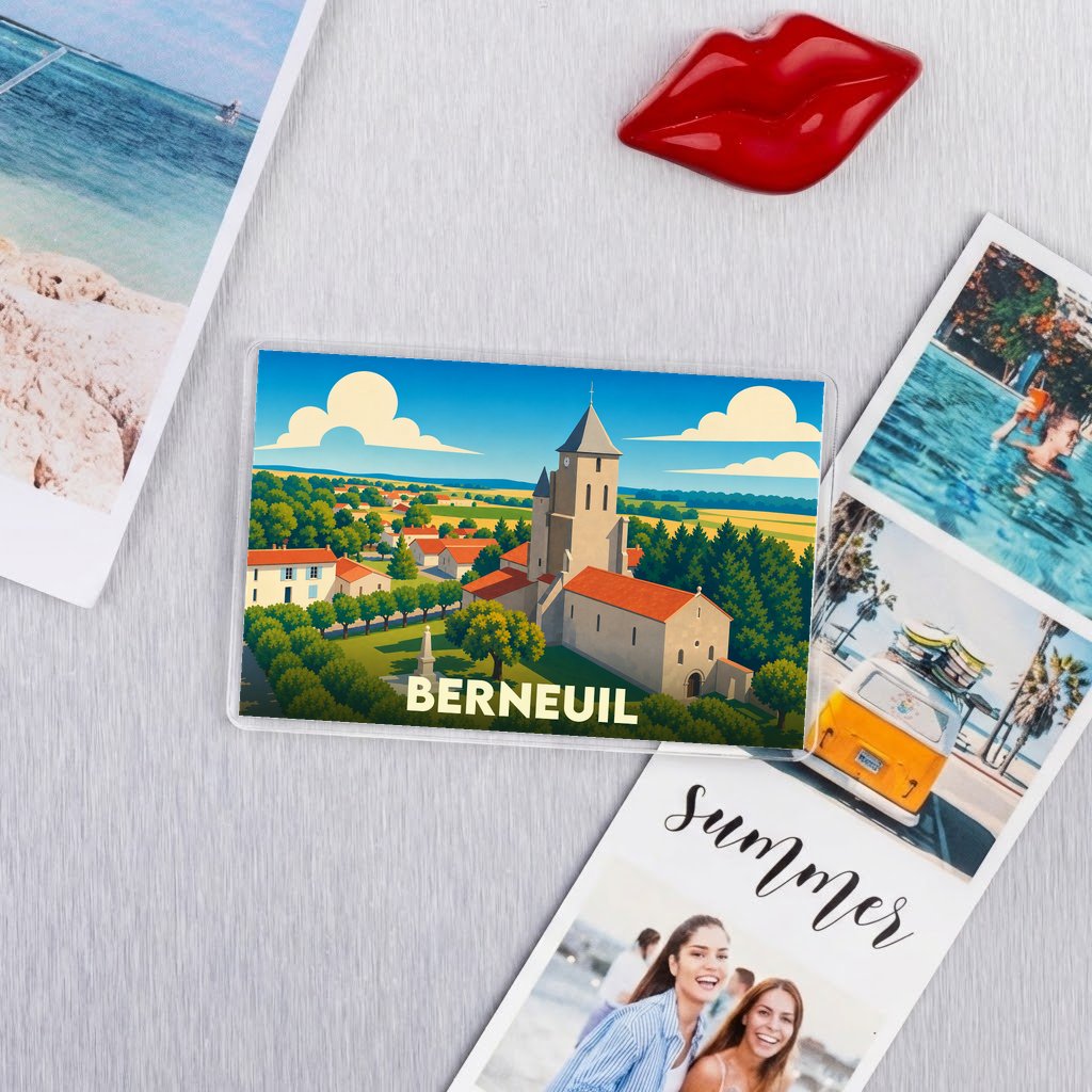 Magnet souvenir de la ville de Berneuil avec une illustration stylisée.
