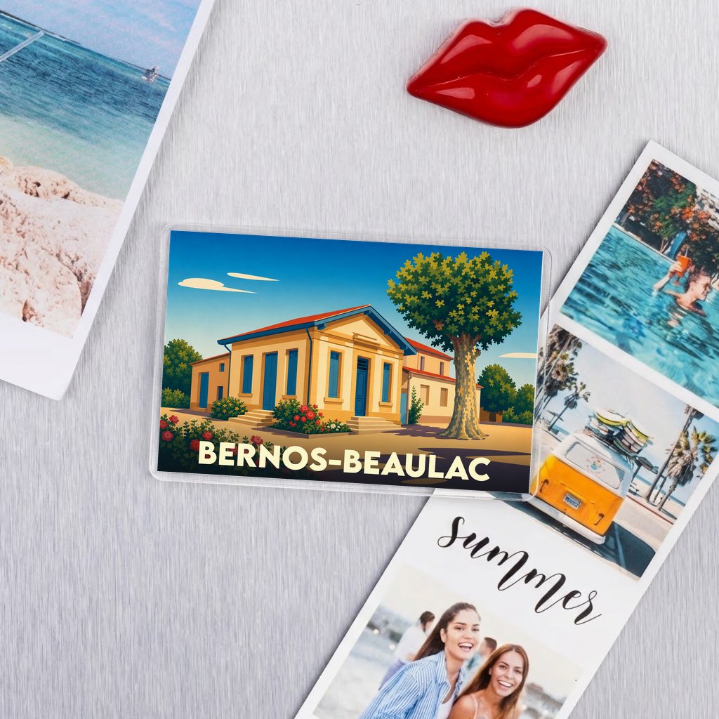 Magnet souvenir de la ville de Bernos-Beaulac avec une illustration stylisée.