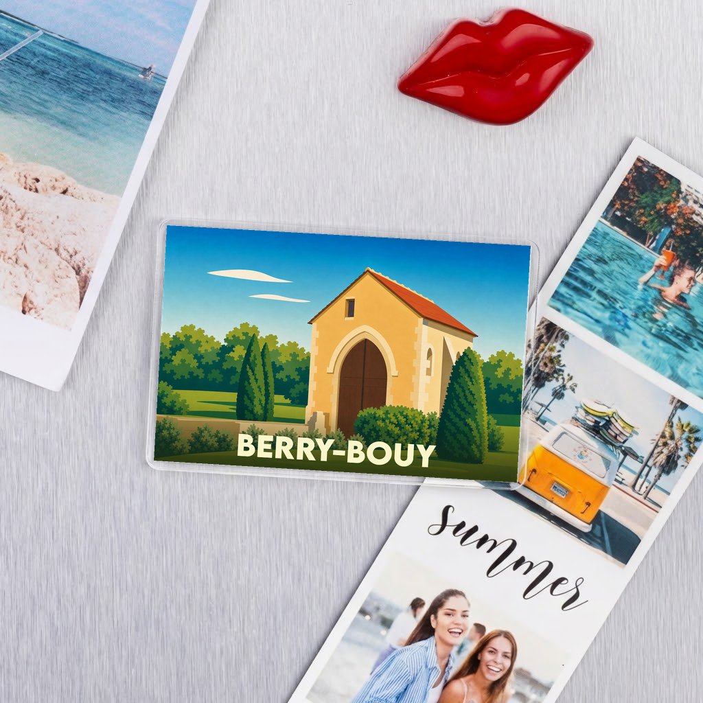 Magnet souvenir de la ville de Berry-Bouy avec une illustration stylisée d'un bâtiment historique.