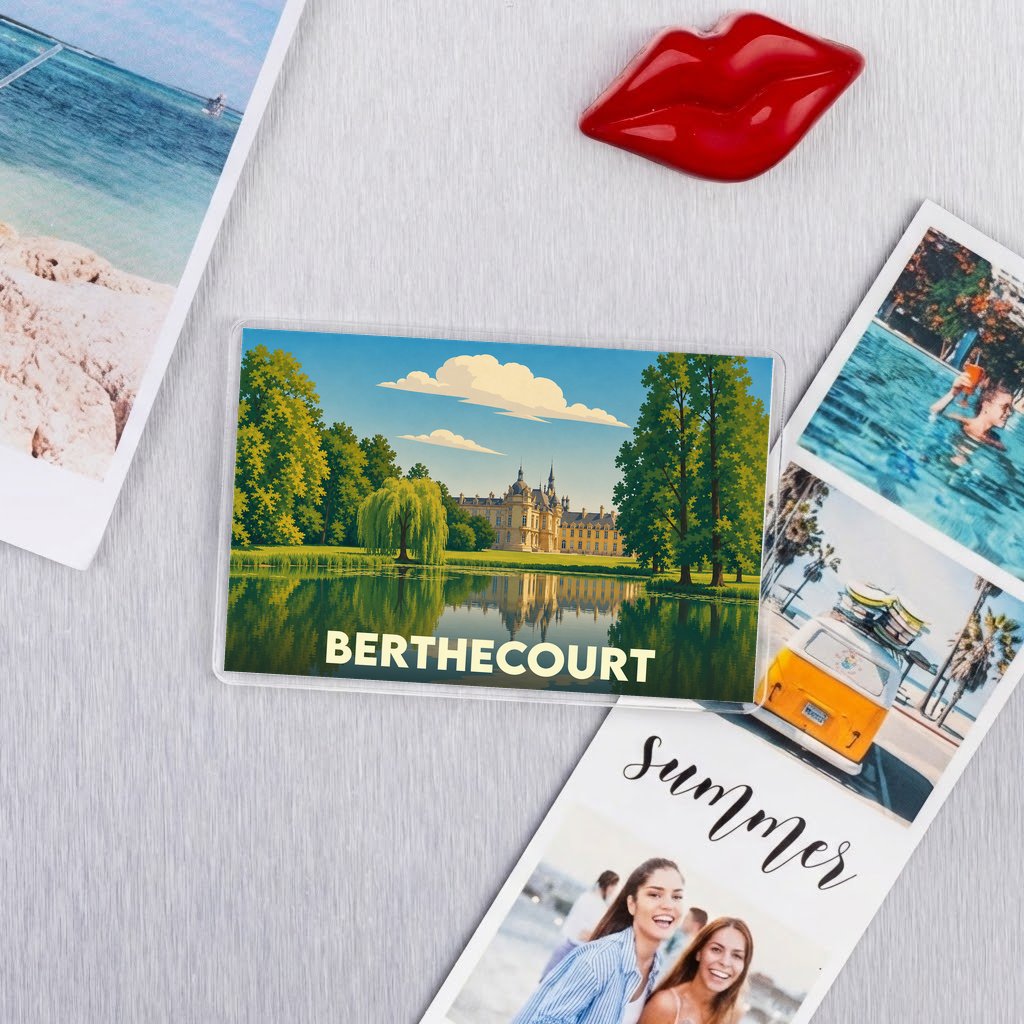 Magnet souvenir de la ville de Berthecourt avec une illustration stylisée d'un château au bord de l'eau.
