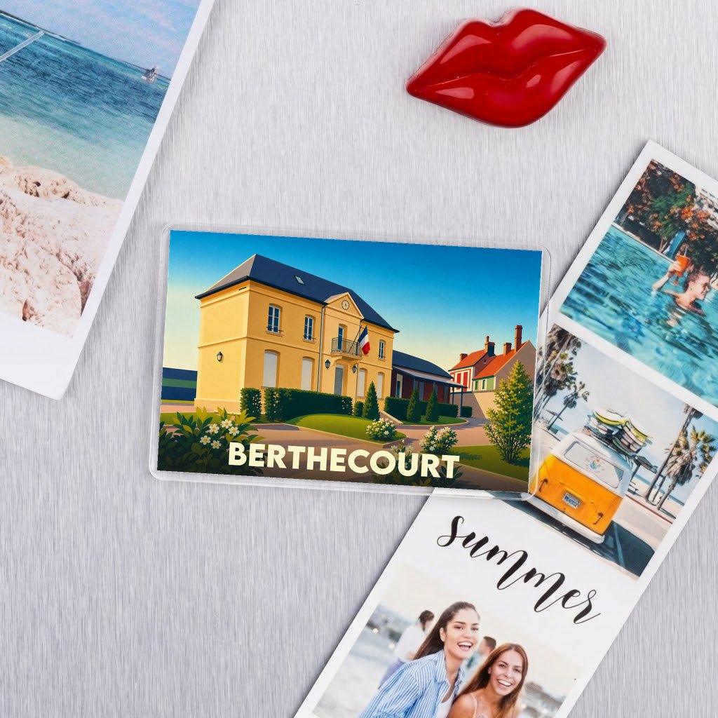 Magnet souvenir de la ville de Berthecourt avec une illustration stylisée de sa mairie.