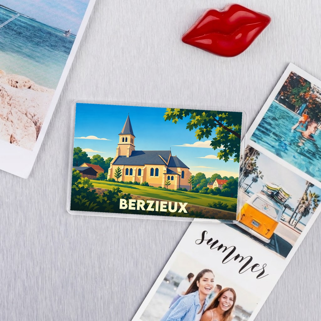 Magnet souvenir de la ville de Berzieux avec une illustration stylisée de son église.