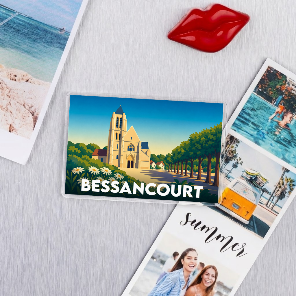 Magnet souvenir de la ville de Bessancourt avec une illustration stylisée de son église.
