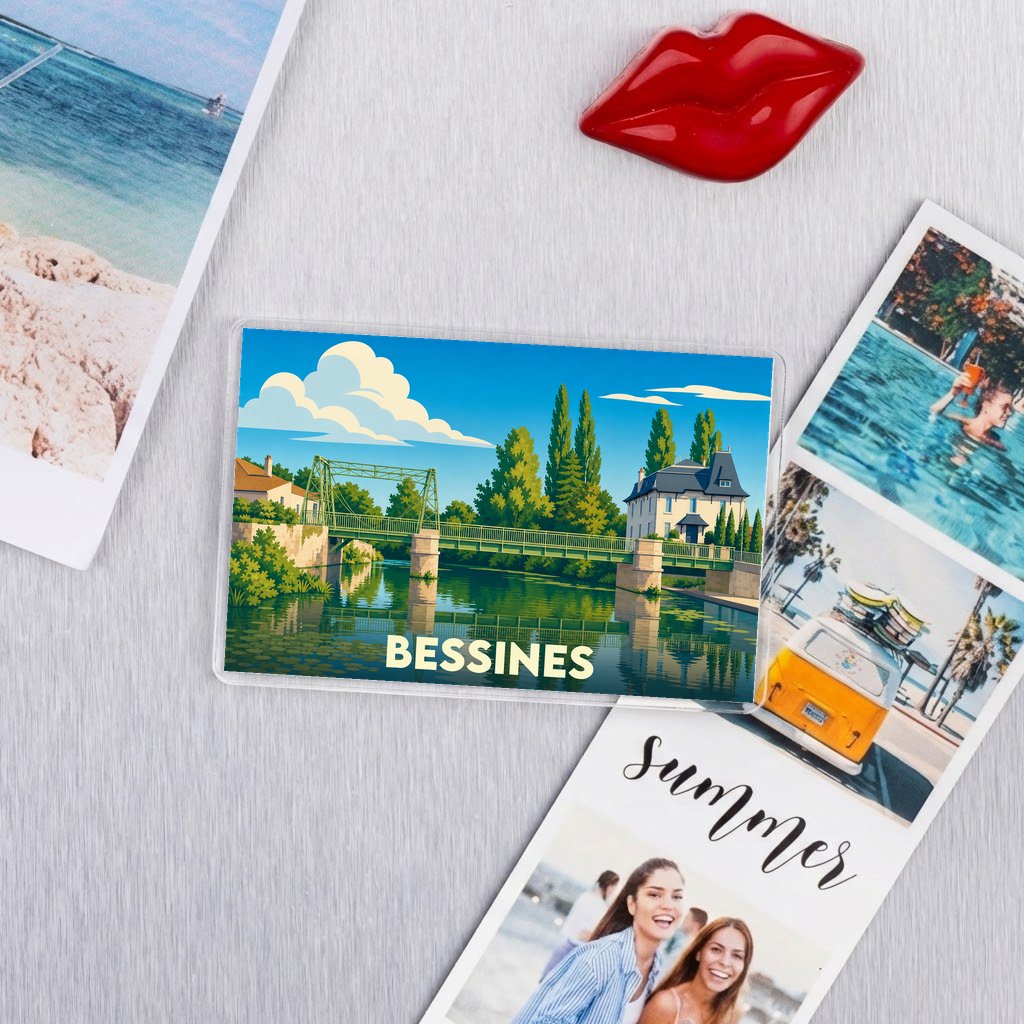 Magnet souvenir de la ville de Bessines avec une illustration stylisée d'un pont traversant une rivière.