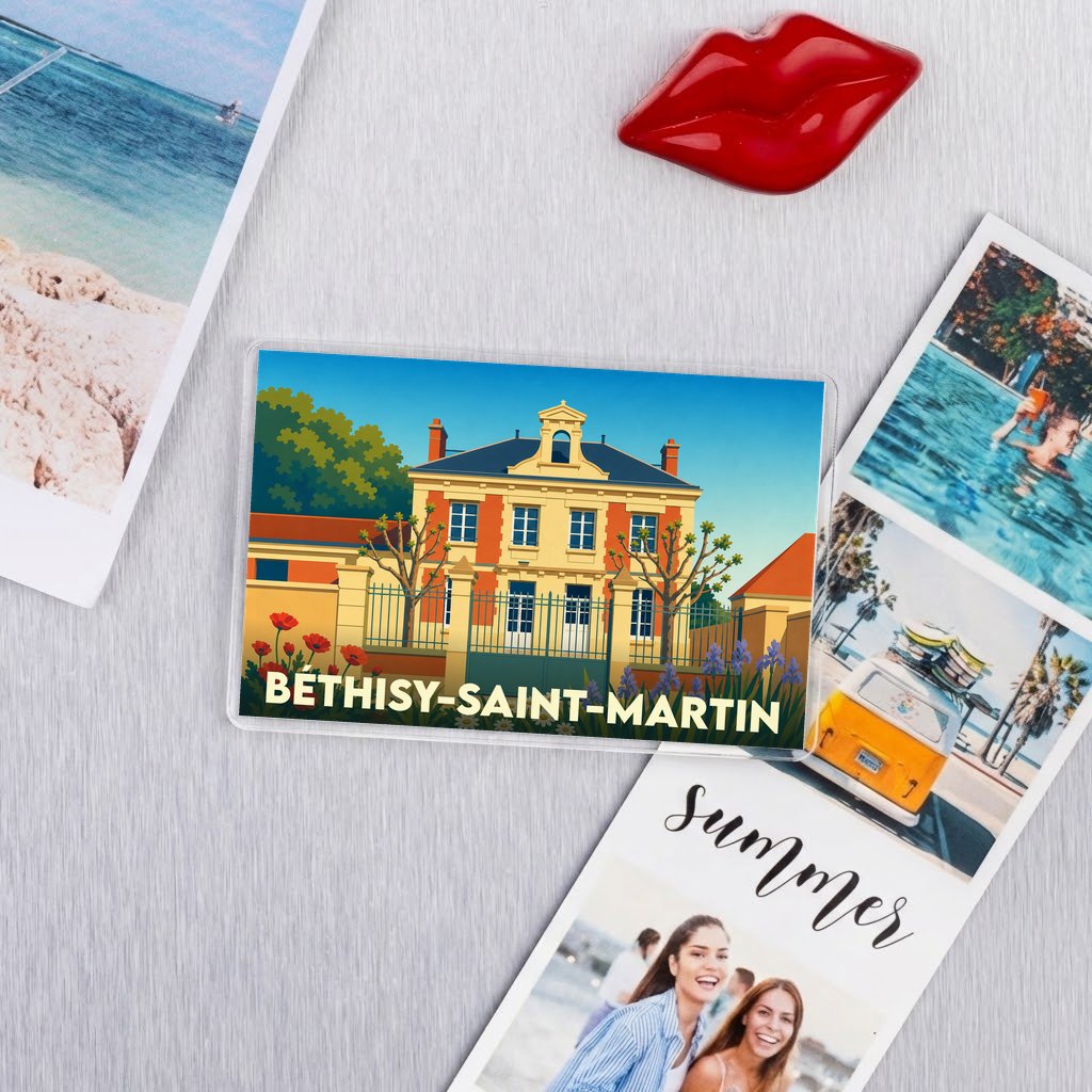 Magnet souvenir de la ville de Béthisy-Saint-Martin avec une illustration stylisée d'un manoir.