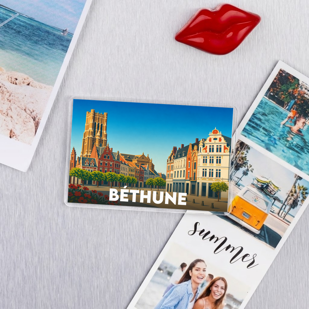 Magnet souvenir de la ville de Béthune avec une illustration stylisée de son architecture.