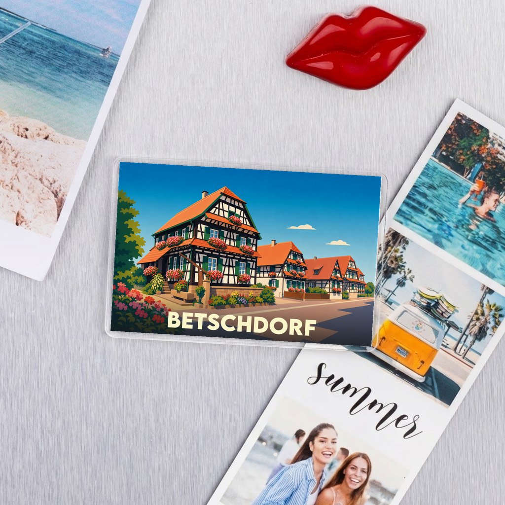 Magnet rectangulaire souvenir de la ville de Betschdorf avec une illustration stylisée de maisons à colombages.